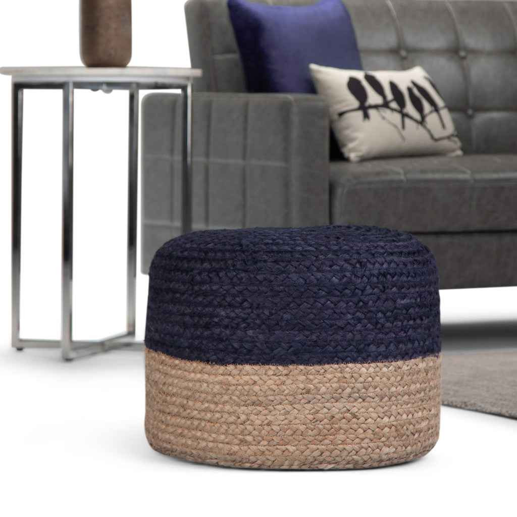 18" Blue Jute Round Pouf Ottoman