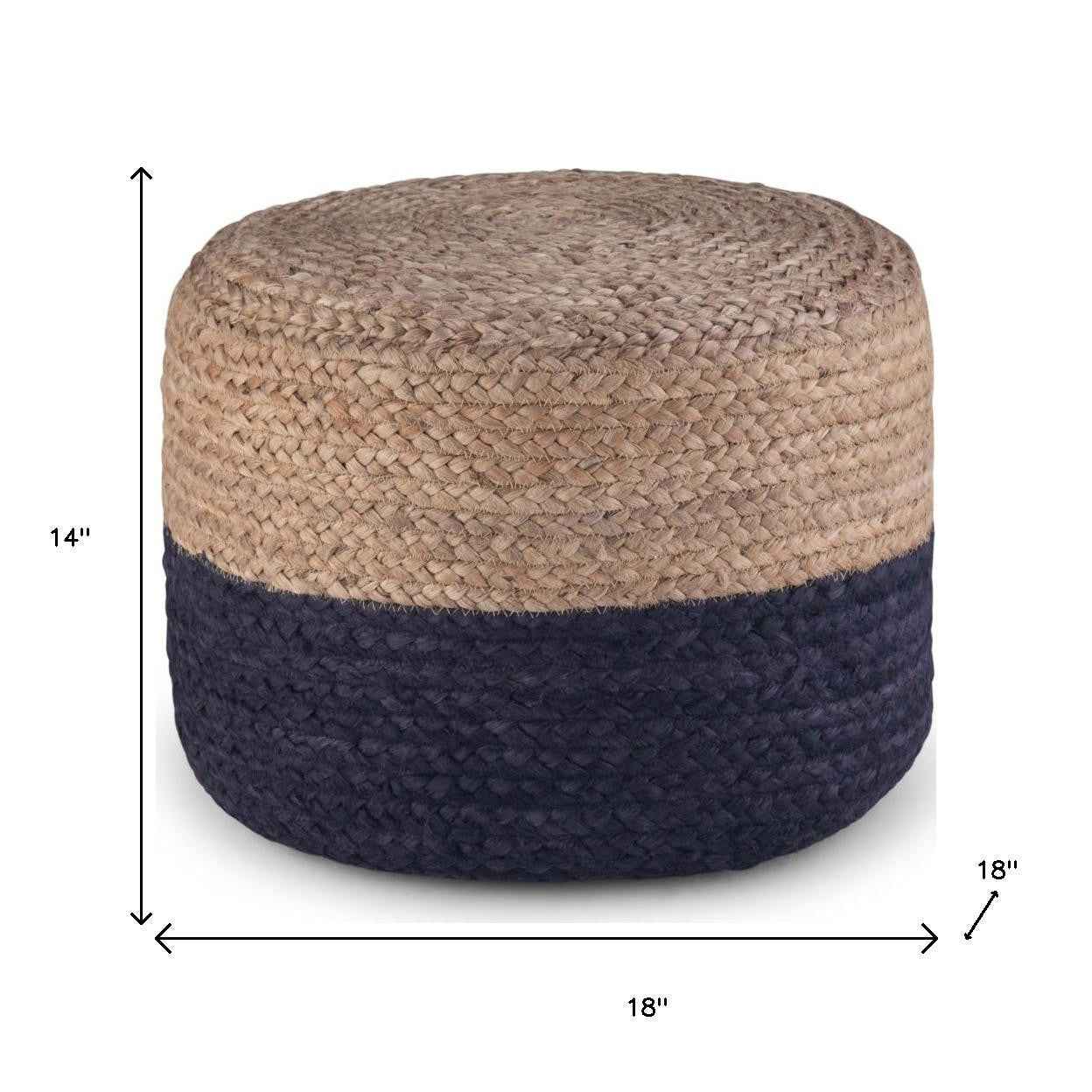 18" Blue Jute Round Pouf Ottoman