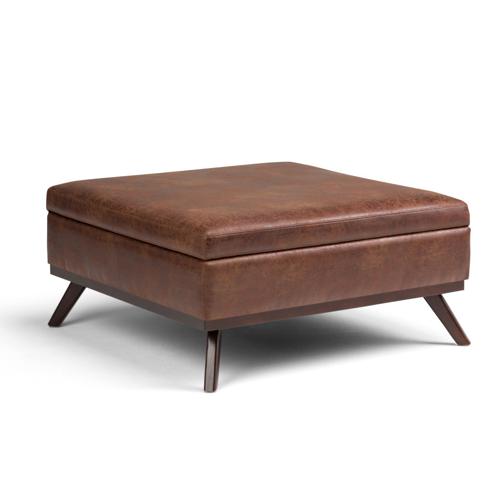36" Brown Leather Cocktail Ottoman With Storage