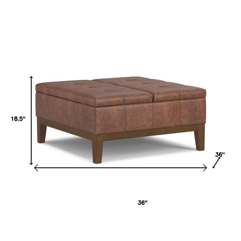 36" Walnut and Brown Upholstery Storage Ottoman