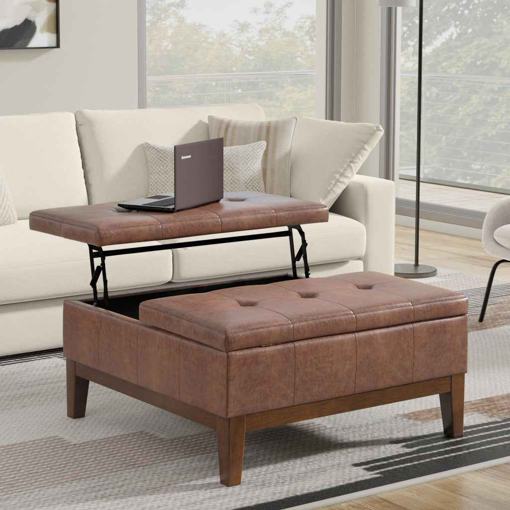36" Walnut and Brown Upholstery Storage Ottoman