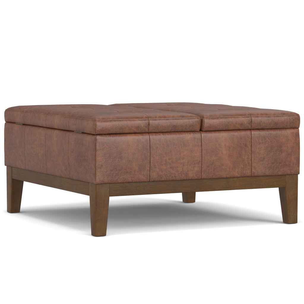 36" Walnut and Brown Upholstery Storage Ottoman