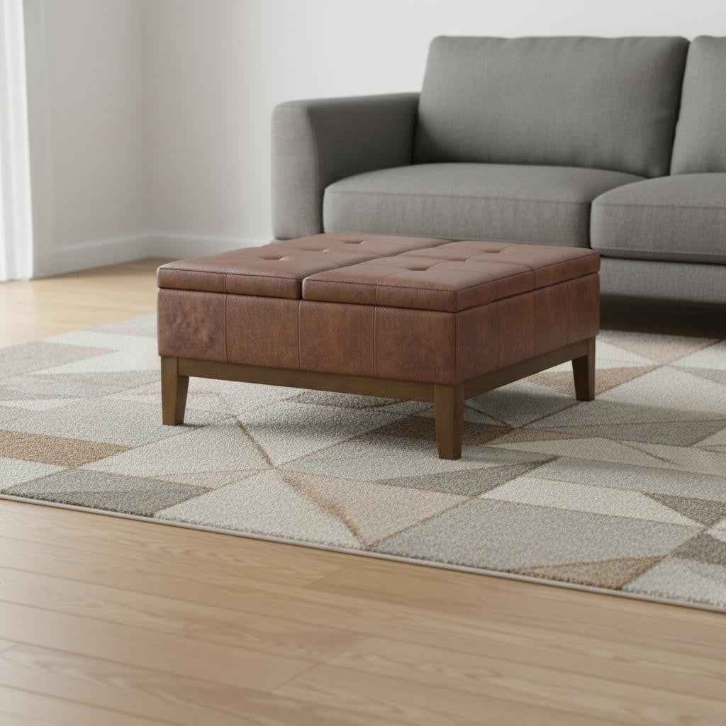 36" Walnut and Brown Upholstery Storage Ottoman