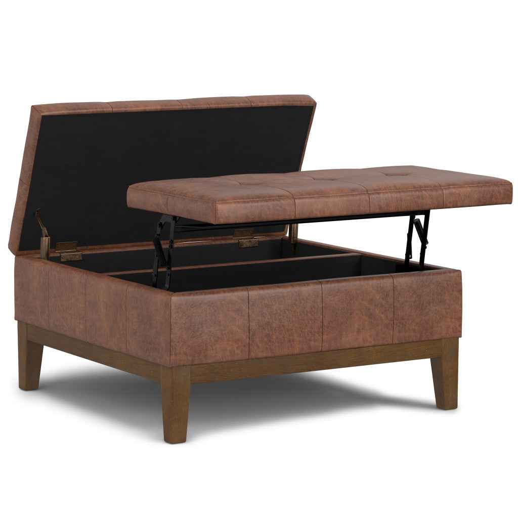 36" Walnut and Brown Upholstery Storage Ottoman