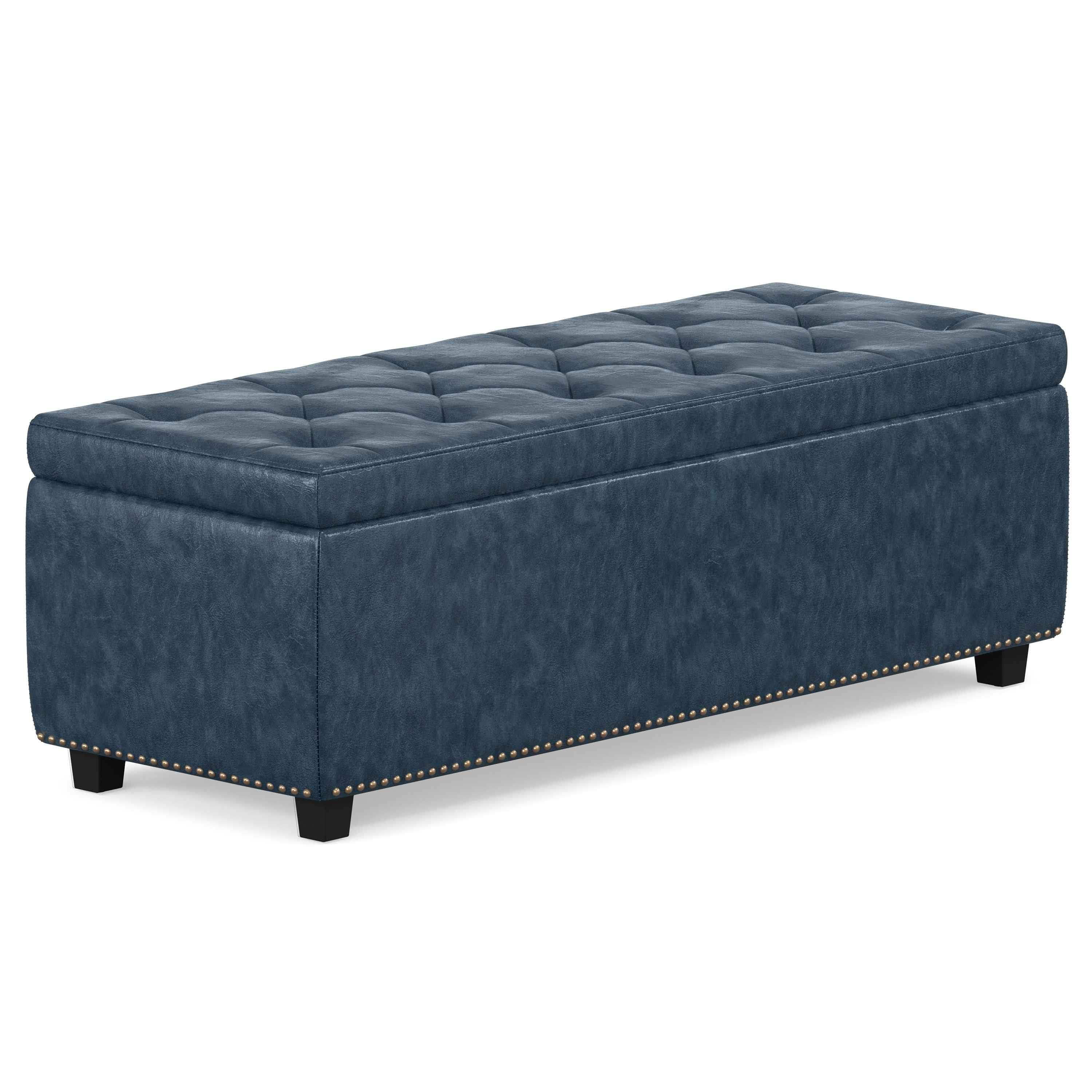 48" Dark Brown and Denim Blue Upholstery Storage Ottoman