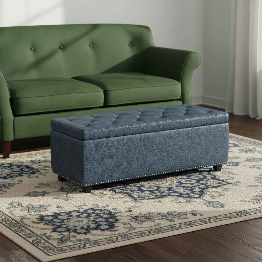 48" Dark Brown and Denim Blue Upholstery Storage Ottoman