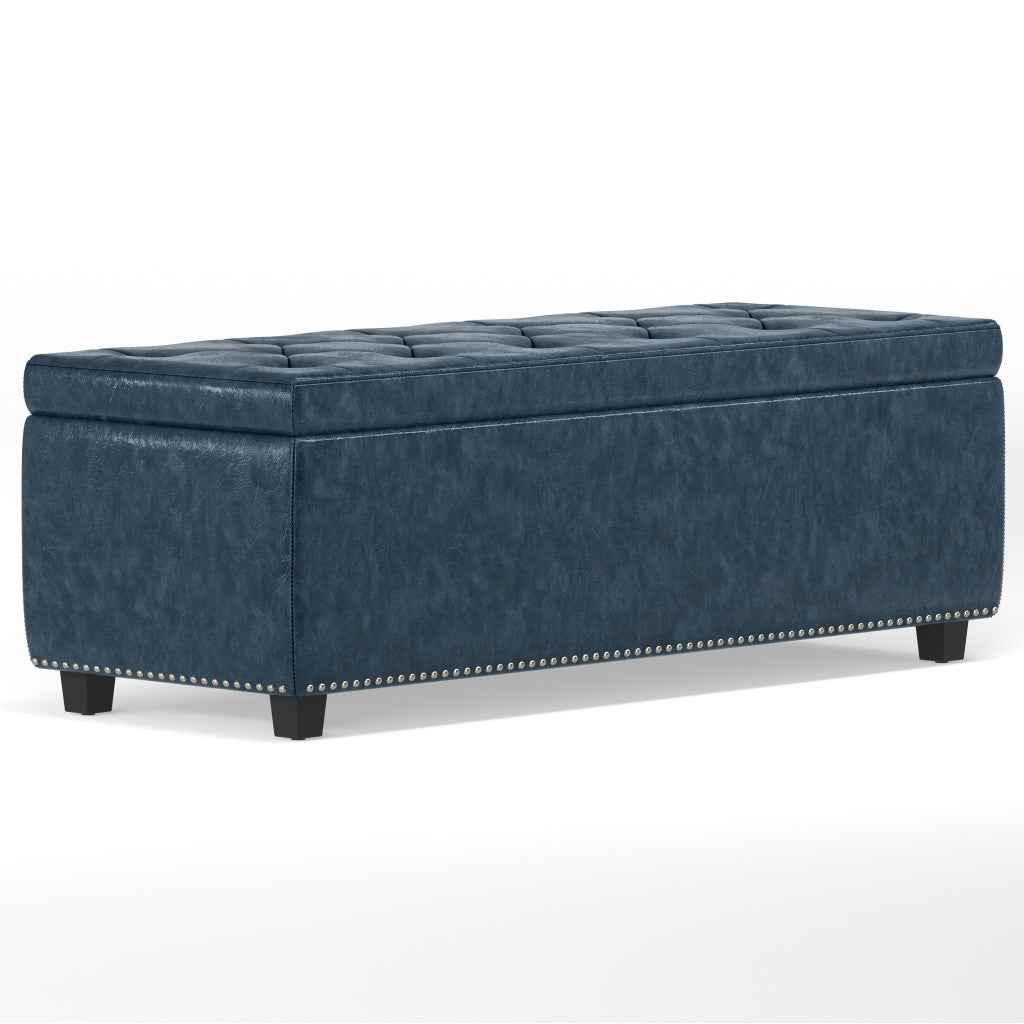 48" Dark Brown and Denim Blue Upholstery Storage Ottoman
