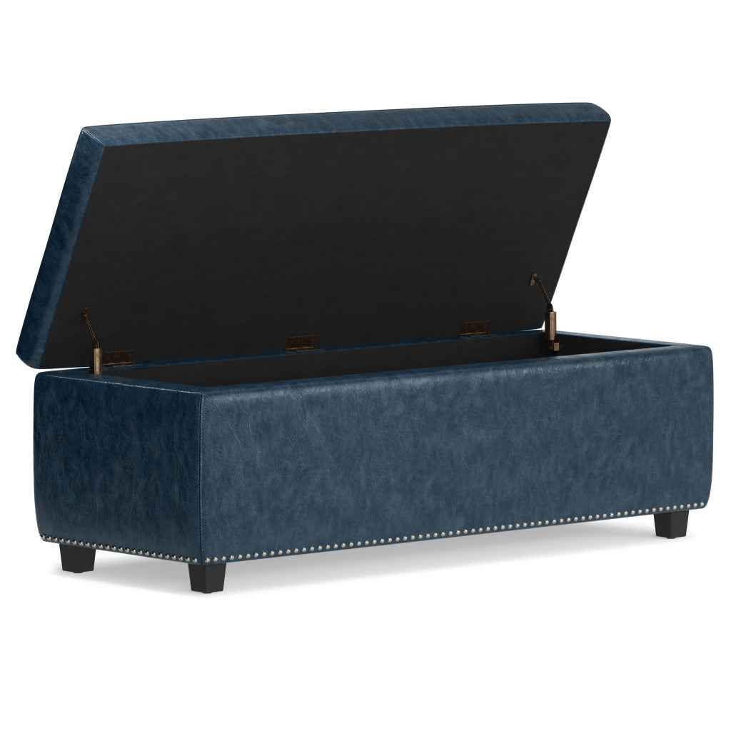 48" Dark Brown and Denim Blue Upholstery Storage Ottoman