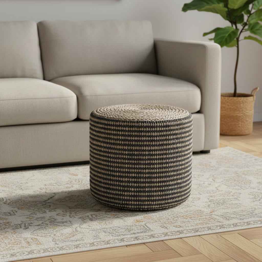 18" Brown Jute Round Pouf Ottoman