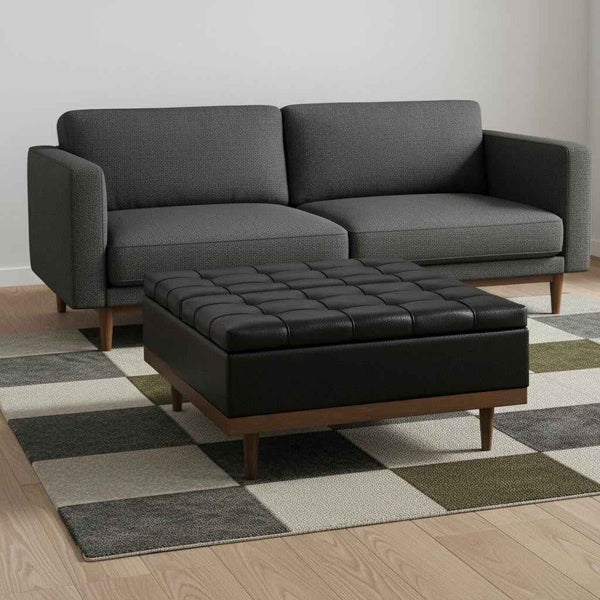 36" Walnut and Black Upholstery Storage Ottoman