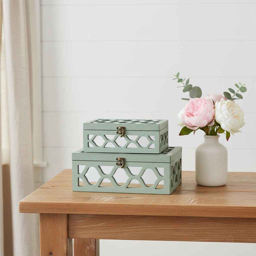 Set of Two Blue Mirrored Glass And Wood Box With Lid