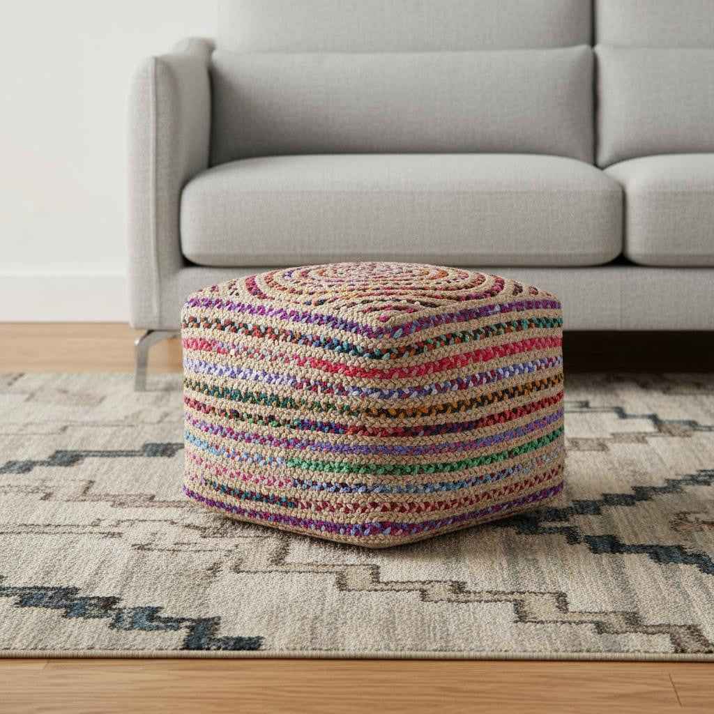 20" Blue Jute Pouf Ottoman
