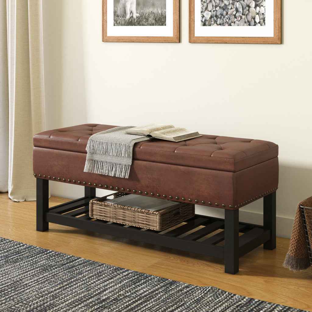 44" Brown and Espresso Leather Ottoman With Storage