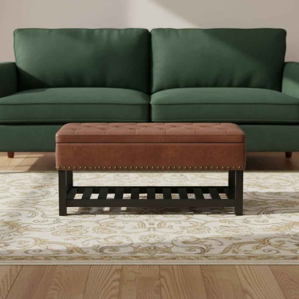 44" Brown and Espresso Leather Ottoman With Storage
