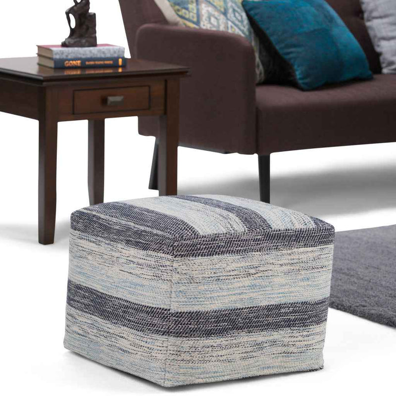 18" Blue Cotton Pouf Ottoman