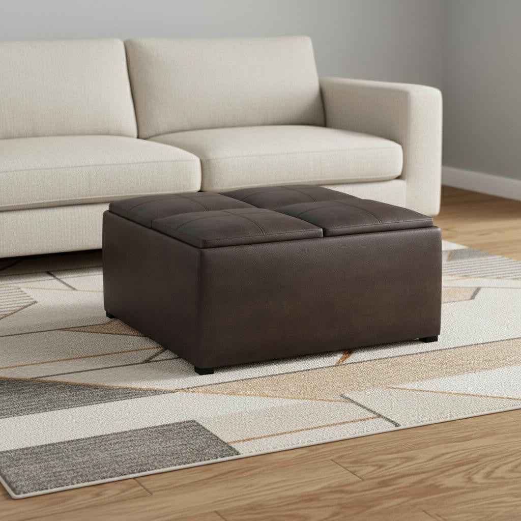 35" Brown and Black Leather Cocktail Ottoman With Storage