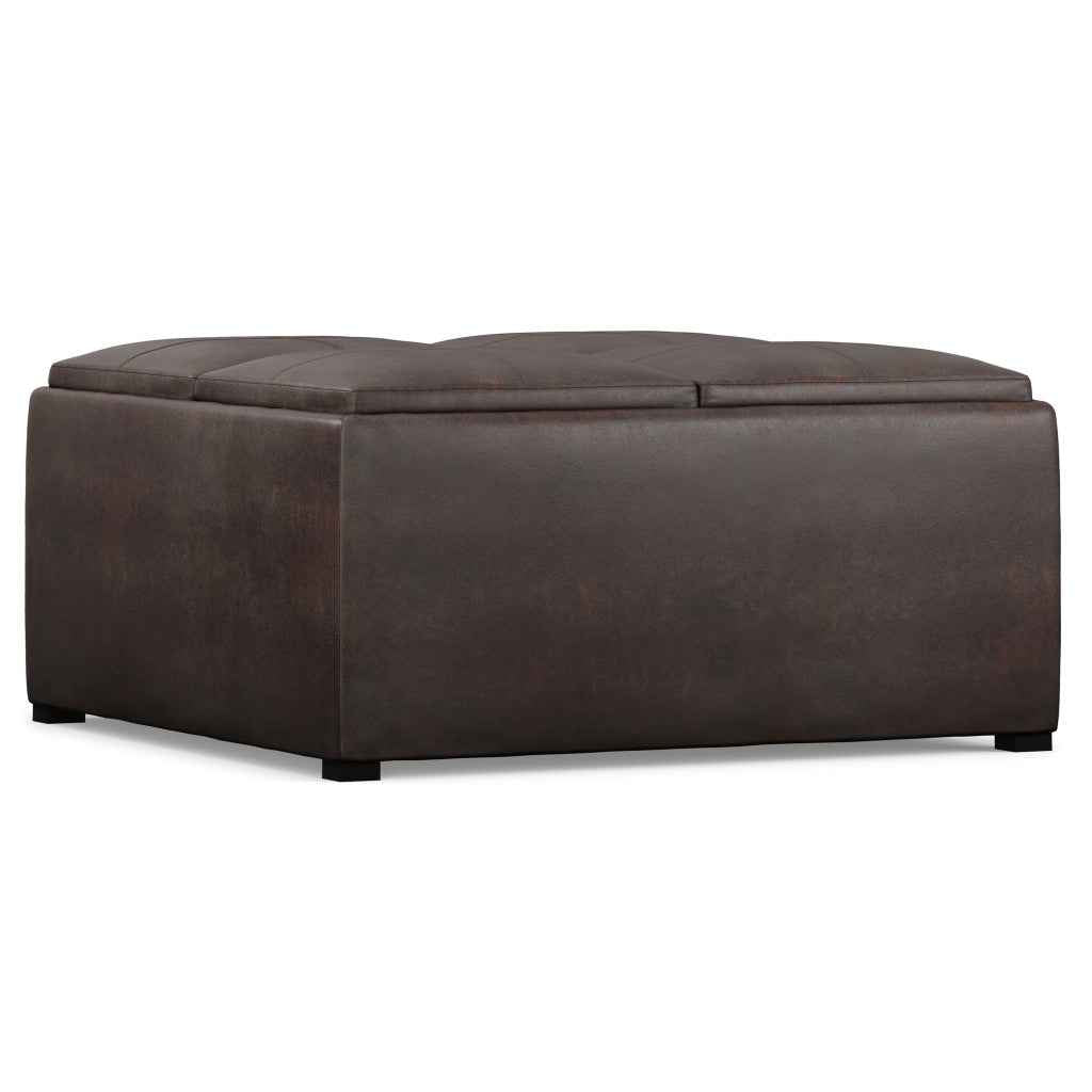 35" Brown and Black Leather Cocktail Ottoman With Storage