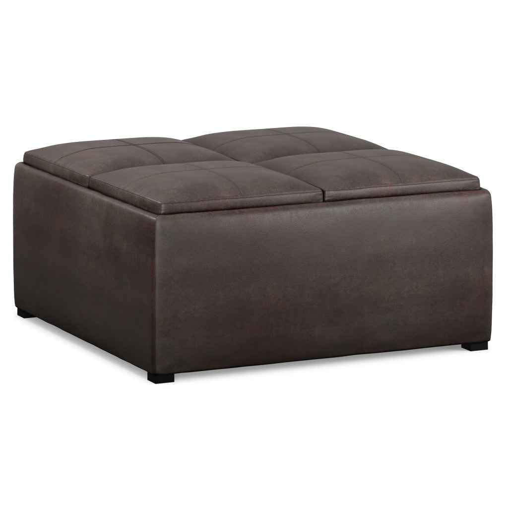 35" Brown and Black Leather Cocktail Ottoman With Storage