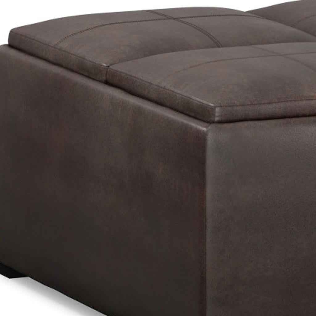 35" Brown and Black Leather Cocktail Ottoman With Storage