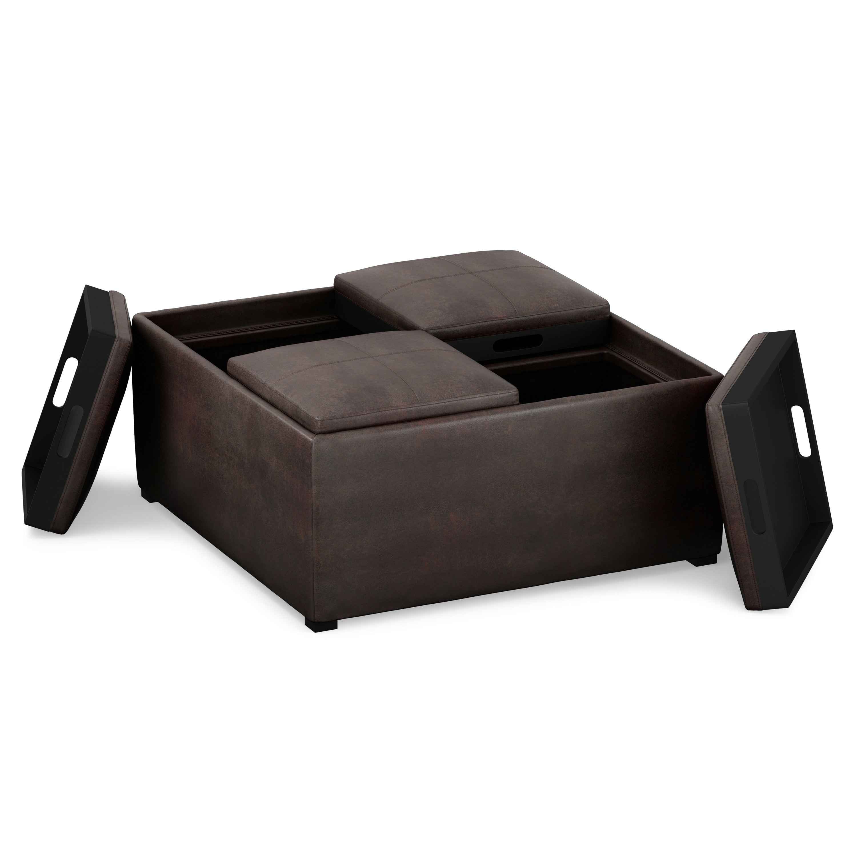 35" Brown and Black Leather Cocktail Ottoman With Storage