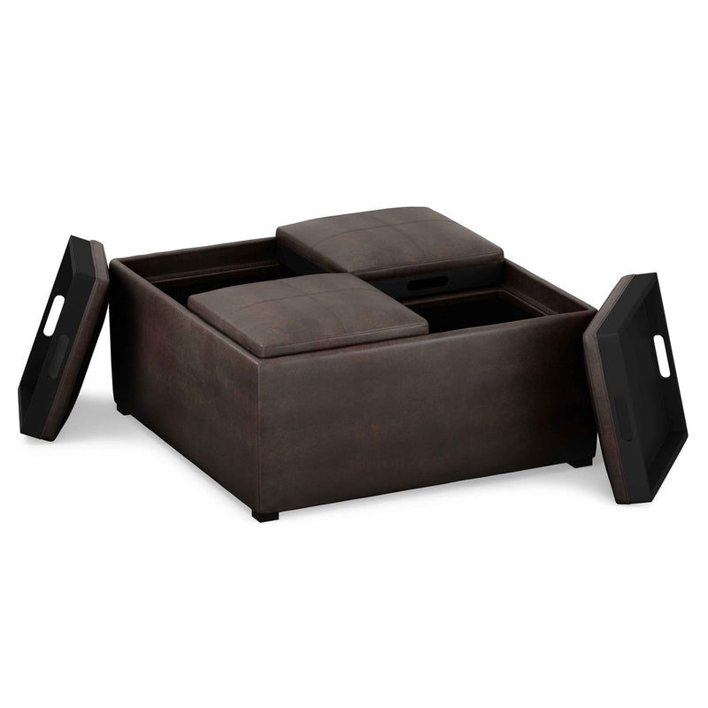 35" Brown and Black Leather Cocktail Ottoman With Storage