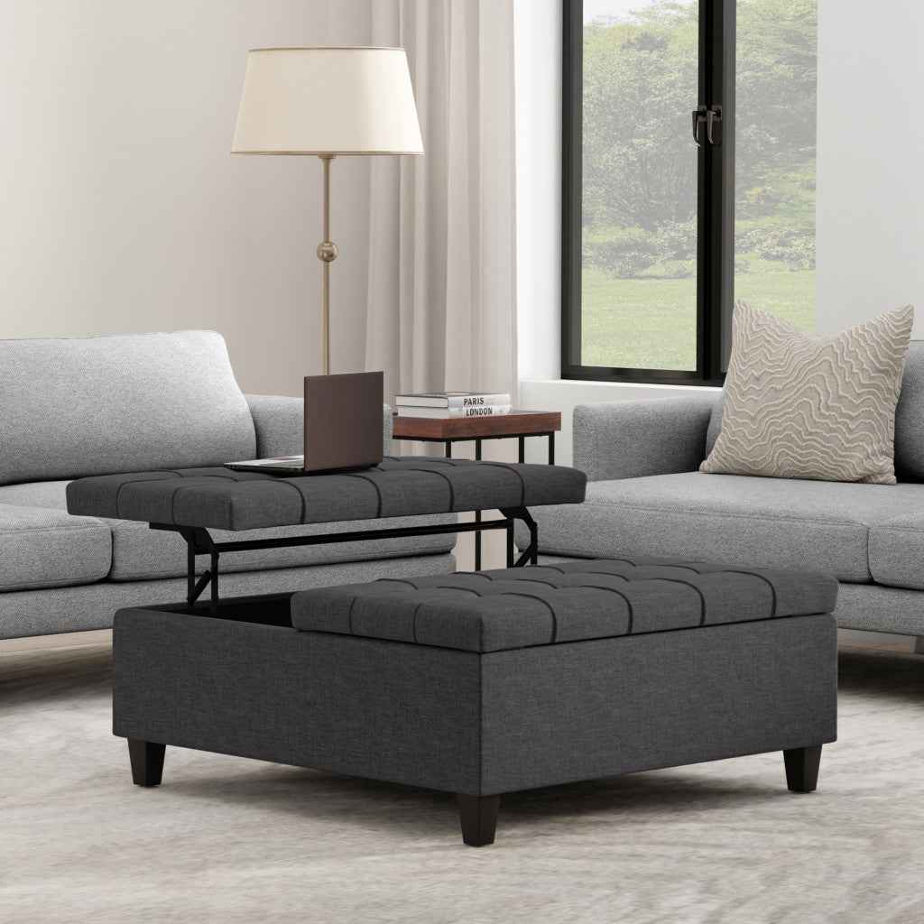 40" Gray and Brown Fabric Cocktail Ottoman With Storage