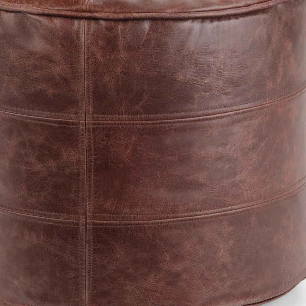 18" Brown Leather Round Pouf Ottoman