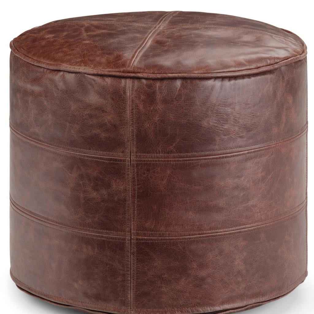 18" Brown Leather Round Pouf Ottoman