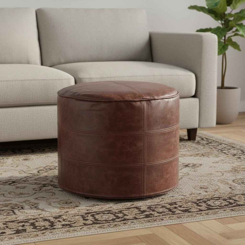 18" Brown Leather Round Pouf Ottoman
