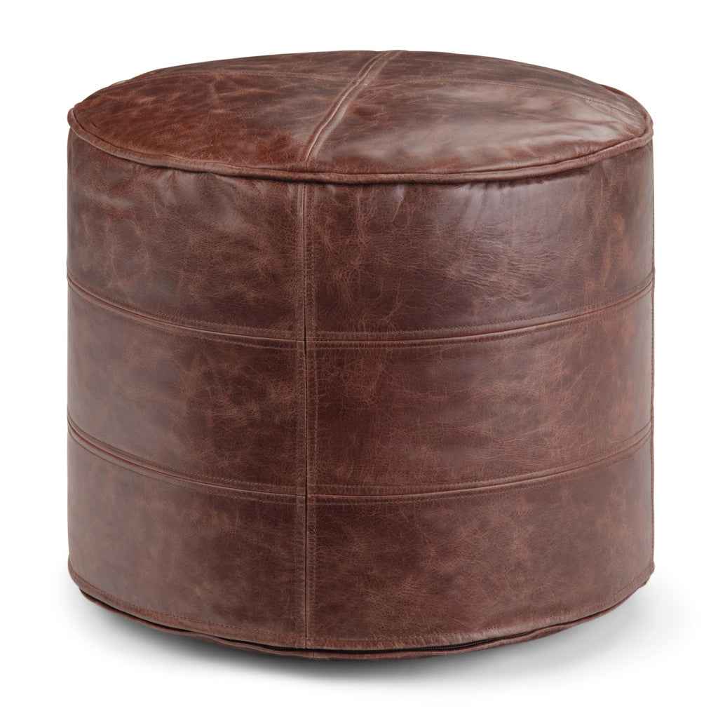 18" Brown Leather Round Pouf Ottoman