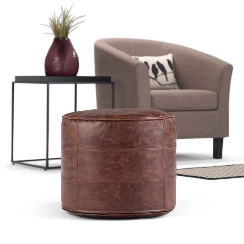 18" Brown Leather Round Pouf Ottoman