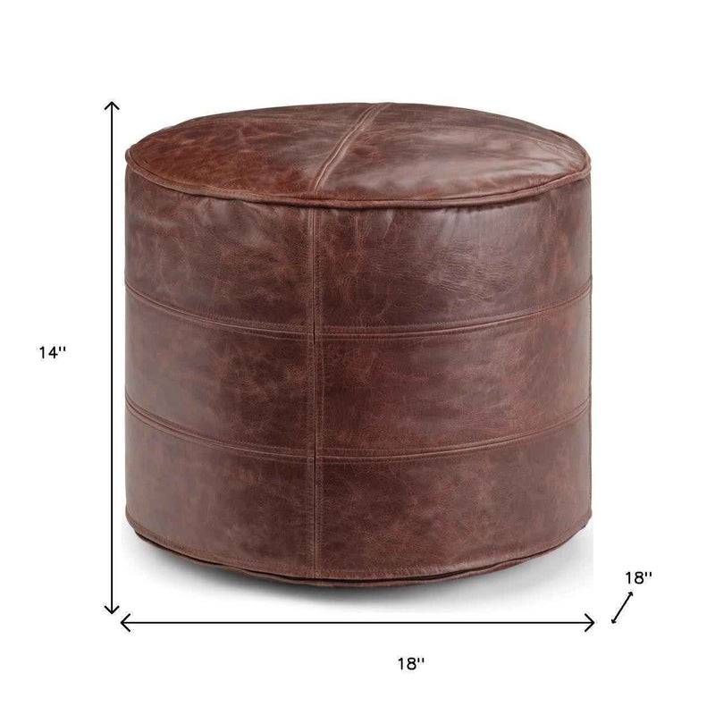 18" Brown Leather Round Pouf Ottoman