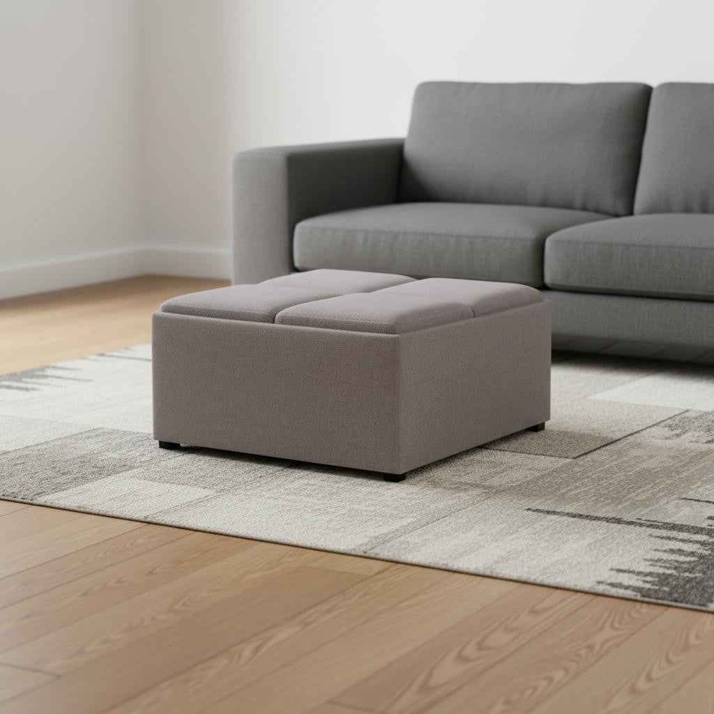 35" Gray and Dark Brown Fabric Cocktail Ottoman With Storage