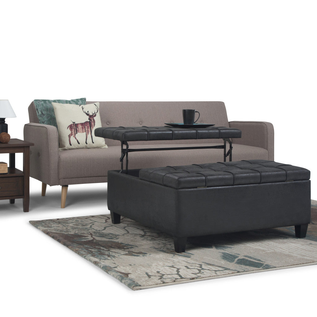 36" Black and Espresso Leather Cocktail Ottoman With Storage