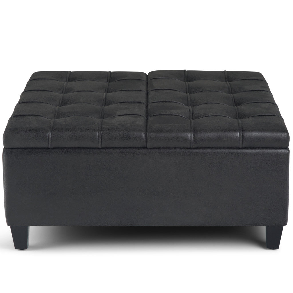 36" Black and Espresso Leather Cocktail Ottoman With Storage