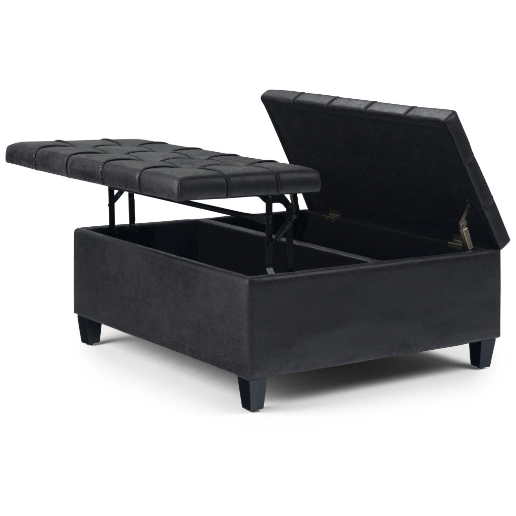 36" Black and Espresso Leather Cocktail Ottoman With Storage