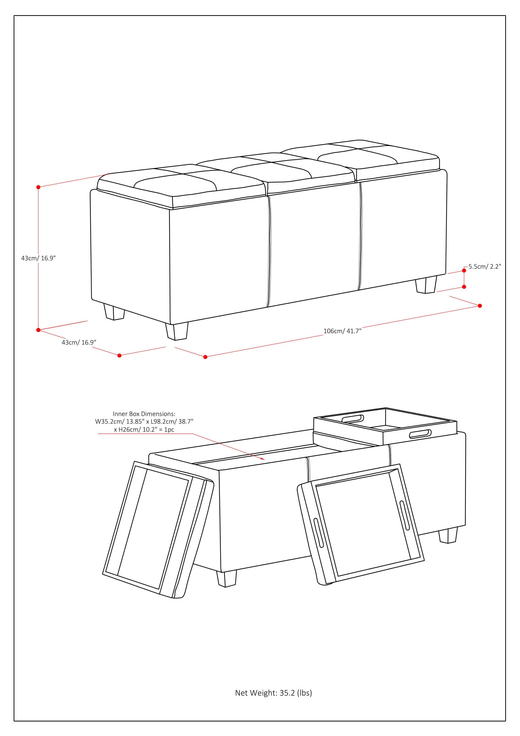 42" Dark Brown and Cream Upholstery Storage Ottoman - GreatEagleInc