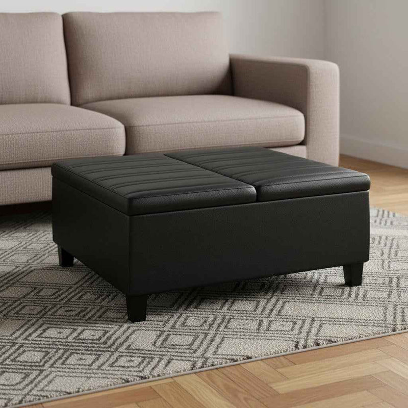 36" Black and Espresso Leather Cocktail Ottoman With Storage