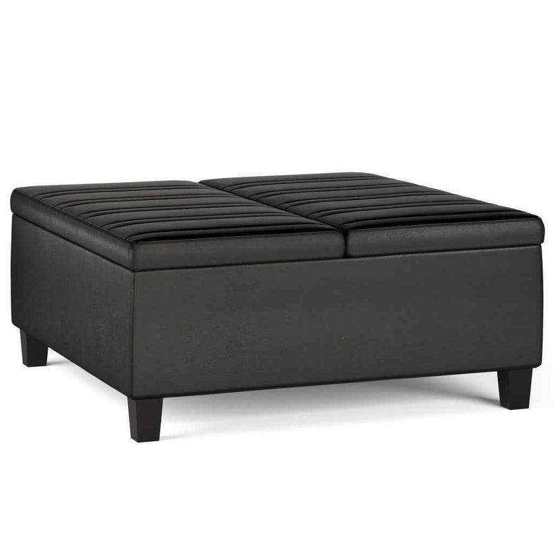 36" Black and Espresso Leather Cocktail Ottoman With Storage