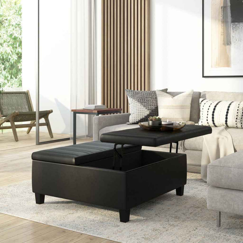 36" Black and Espresso Leather Cocktail Ottoman With Storage