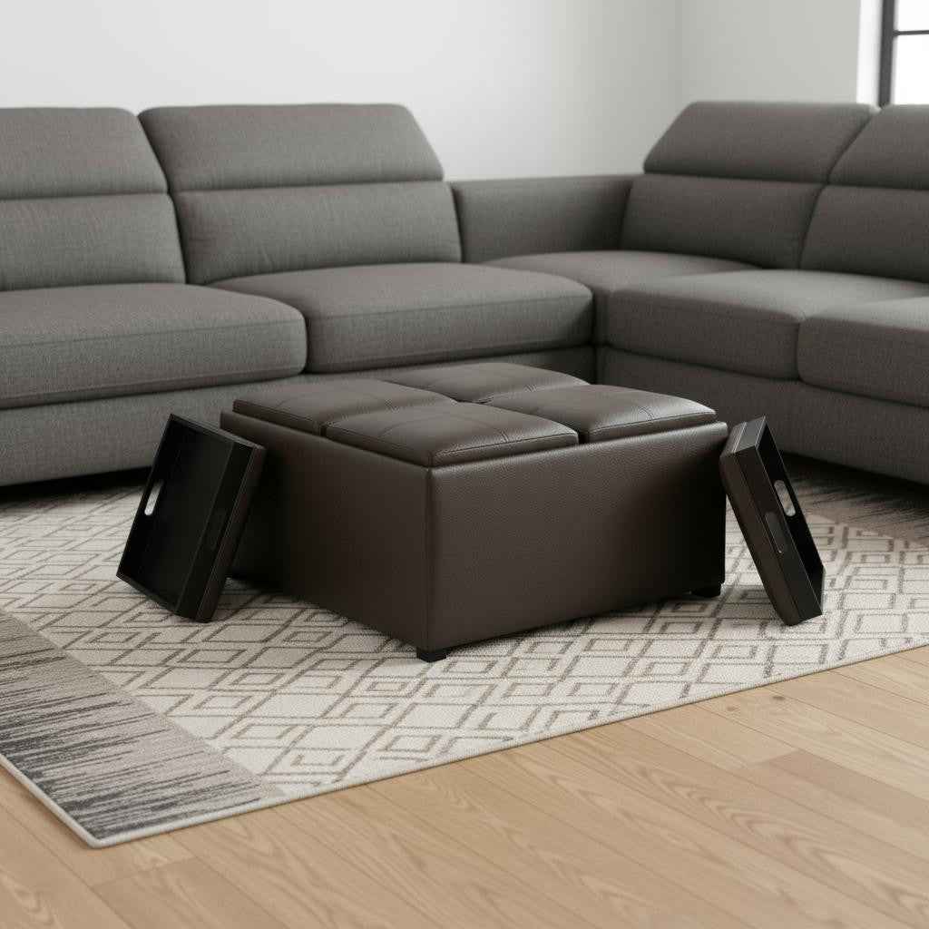 35" Brown and Dark Brown Leather Cocktail Ottoman With Storage