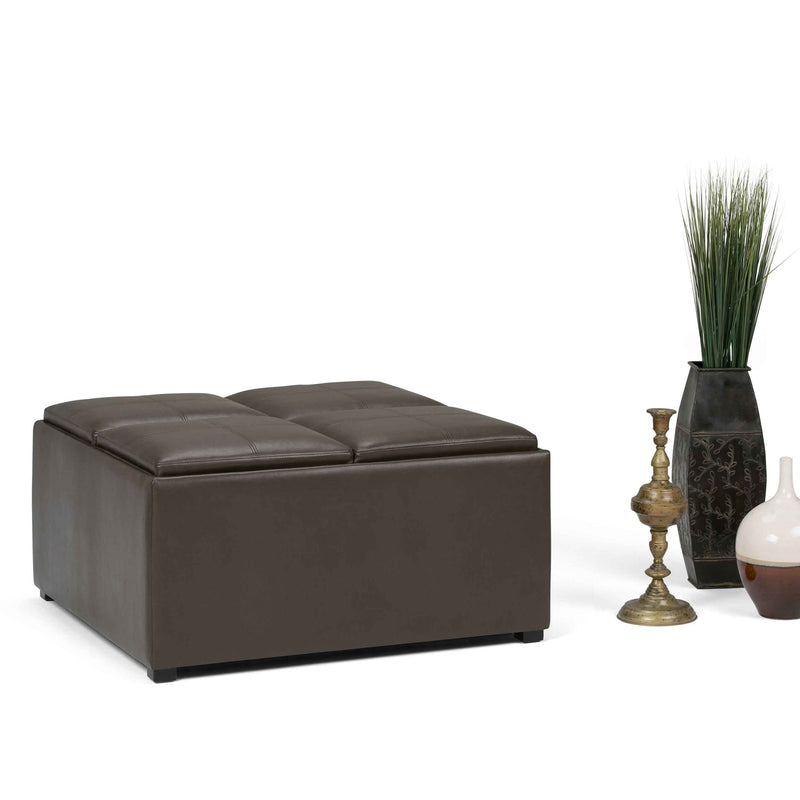 35" Brown and Dark Brown Leather Cocktail Ottoman With Storage