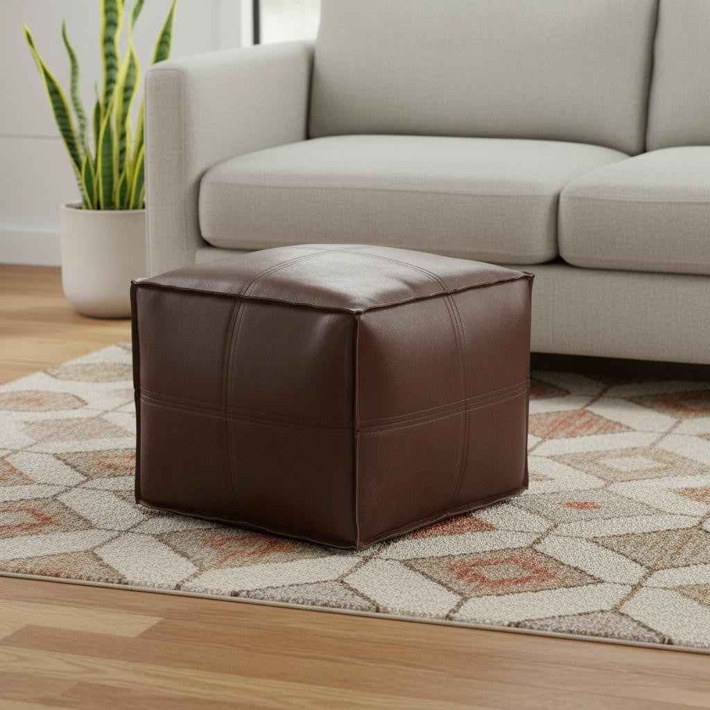 18" Brown Faux Leather Pouf Ottoman