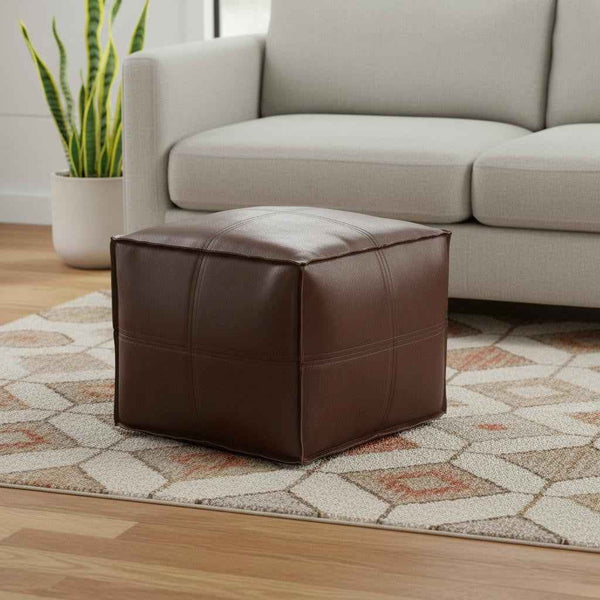 18" Brown Faux Leather Pouf Ottoman