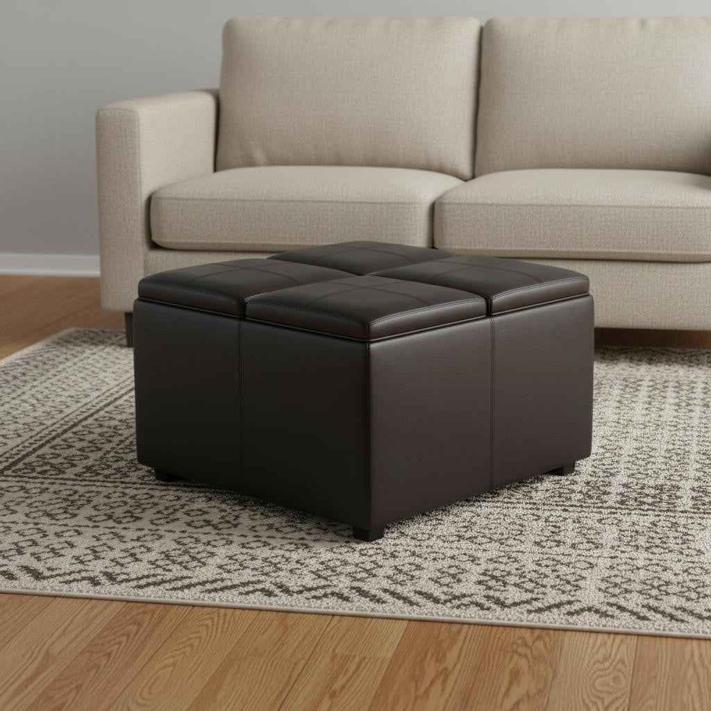 35" Brown and Dark Brown Leather Cocktail Ottoman With Storage