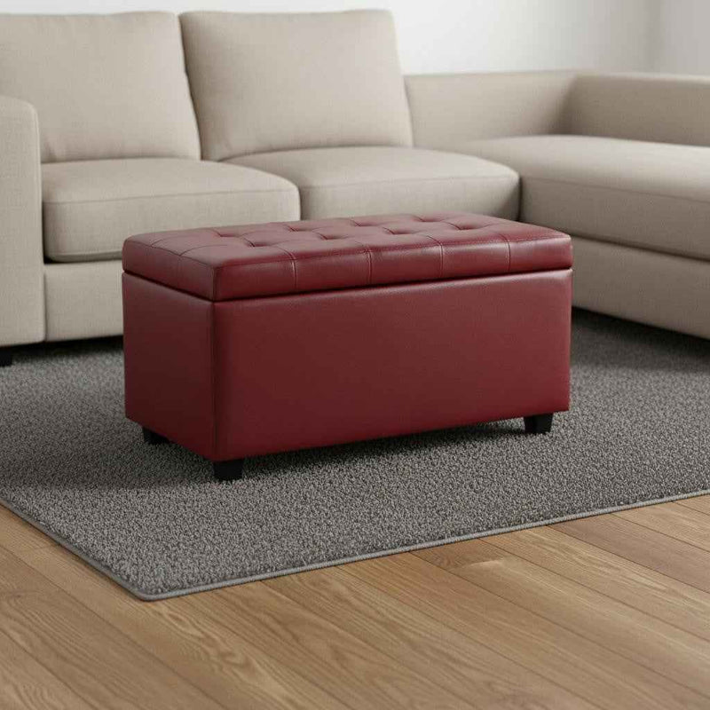 34" Dark Brown and Red Upholstery Storage Ottoman