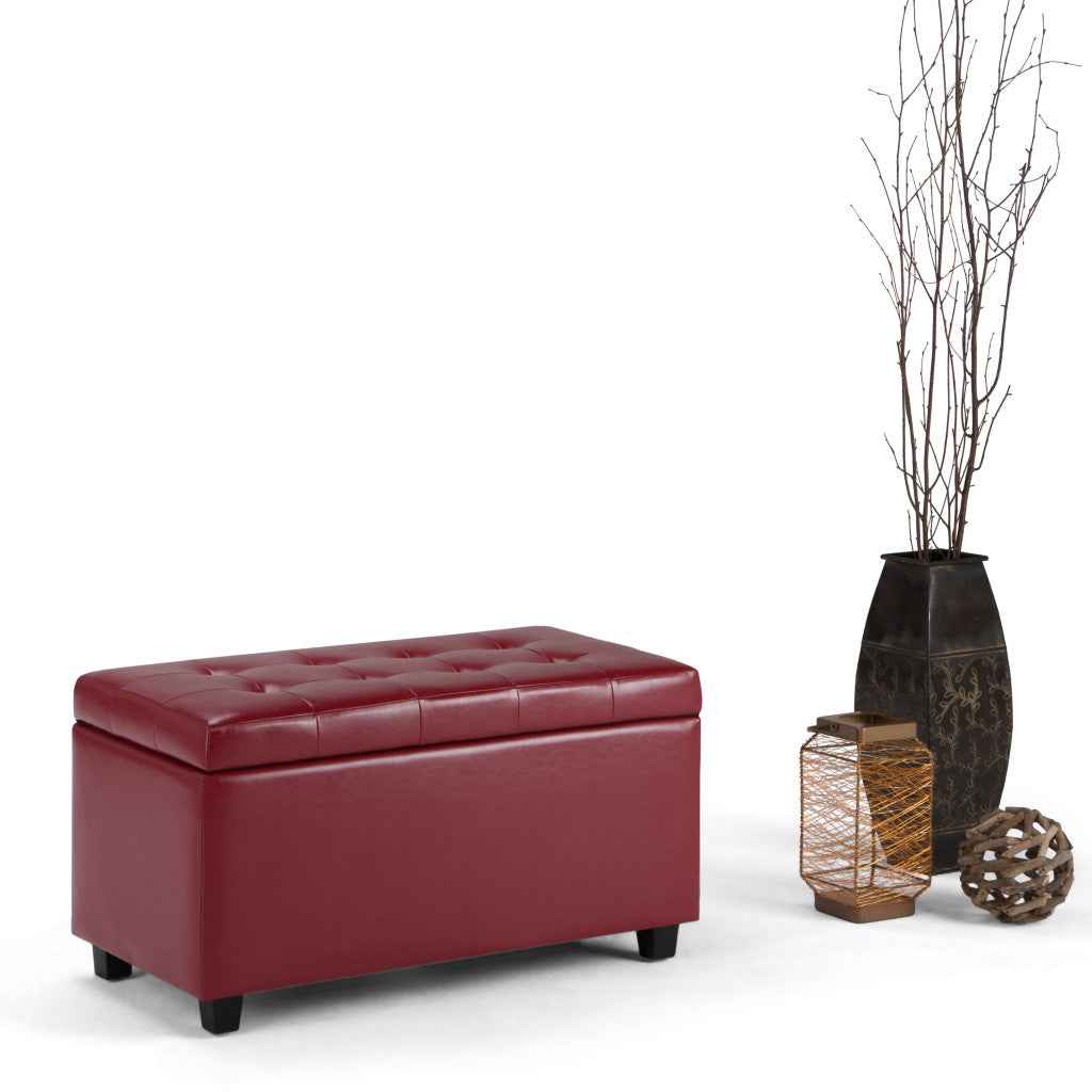 34" Dark Brown and Red Upholstery Storage Ottoman