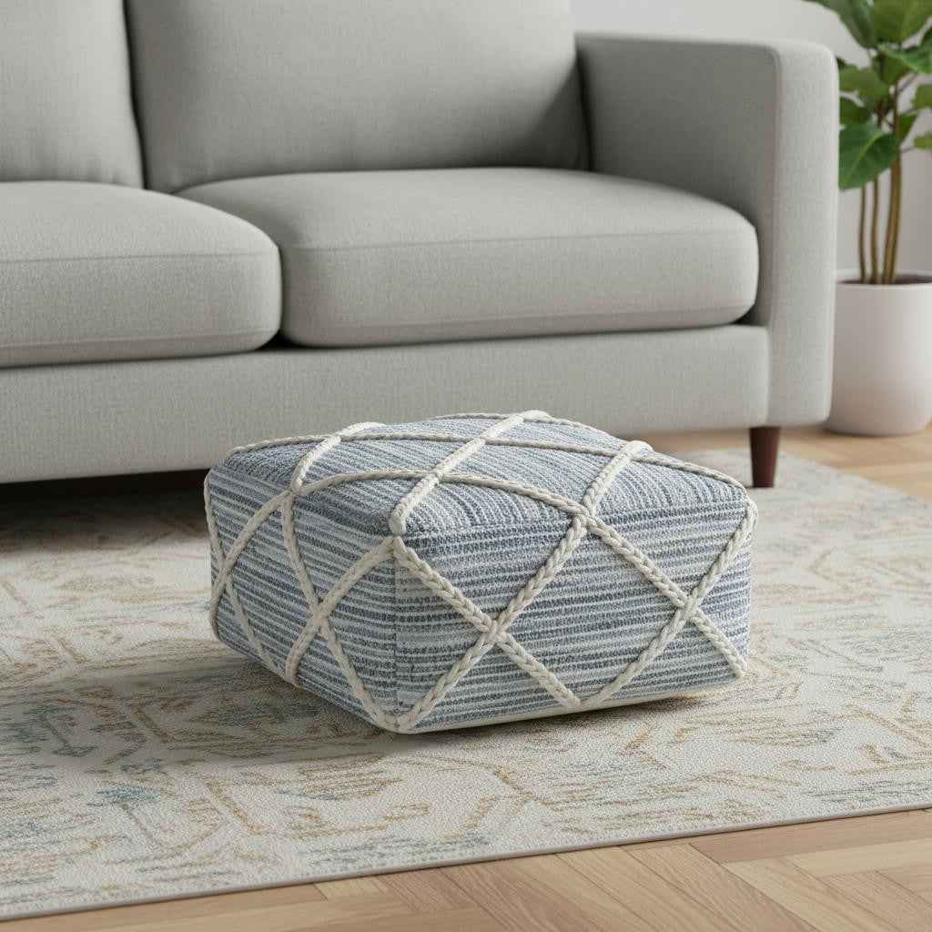 20" Blue Wool Pouf Ottoman