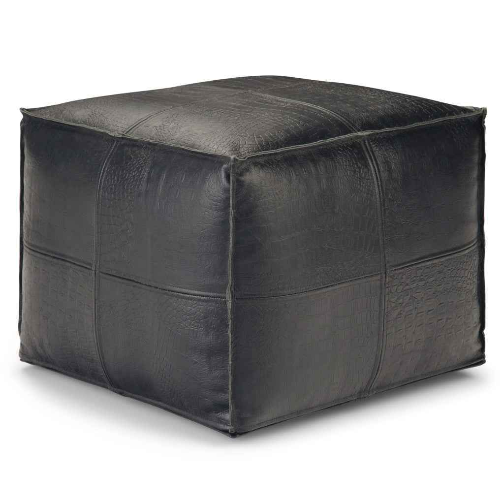 18" Black Leather Pouf Ottoman