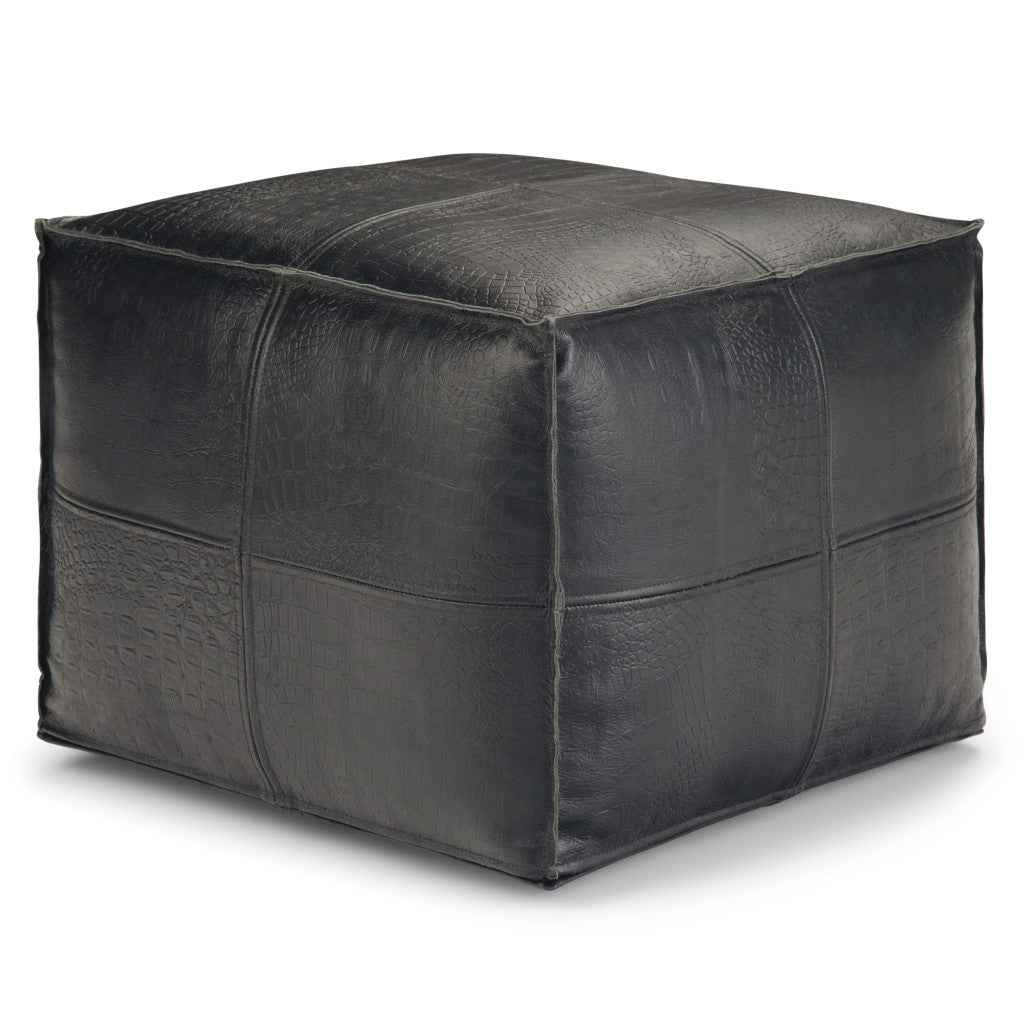 18" Black Leather Pouf Ottoman